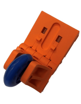 An early version of the 3D printed wheel clamp assembly showcased a print-in-place hinge with additional parts attached with metal fixtures.